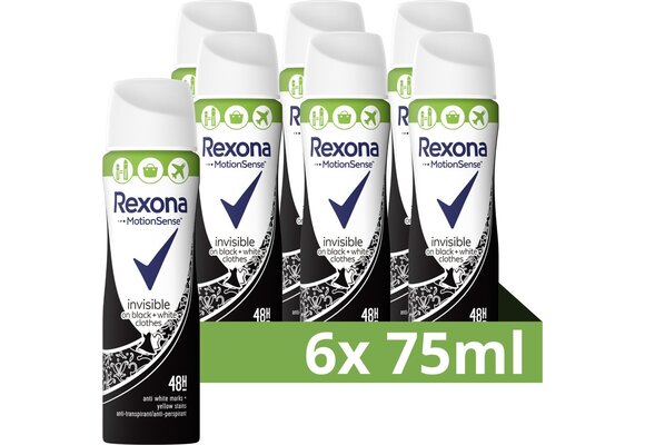Rexona MotionSense Compressed Anti-Transpirant Spray - Invisible - helpt tegen witte strepen, met MotionSense Technologie - 6 x 75 ml