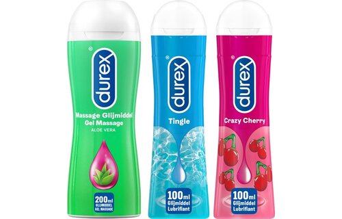 Durex - 3 Glijmiddelen - Waterbasis - Massage Olie en Glijmiddel 2/1 Aloë Vera 200ml - Play Tingle Gel 100ml - Crazy Cherry met Smaak Kers 100ml