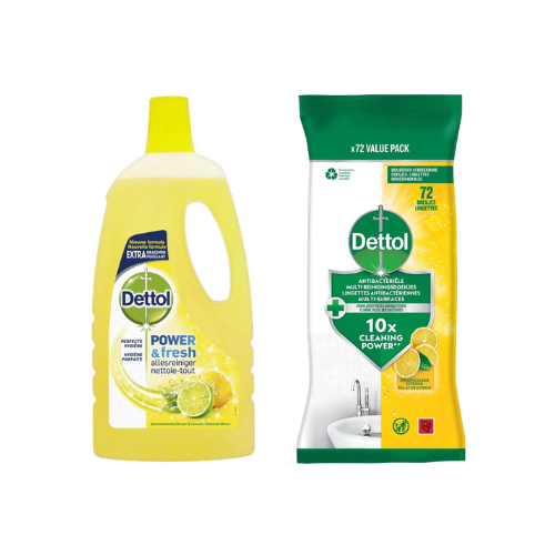 Dettol Power & Fresh Allesreiniger Citroen + Antibacteriële Reinigingsdoekjes Citroen 72 Stuks – Schoonmaakset