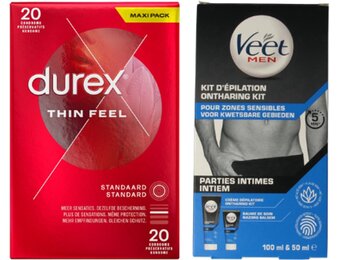 Durex Thin Feel 20 Condooms + Veet Men Intieme Ontharingskit 150 ml – Condooms & Ontharing voor Mannen