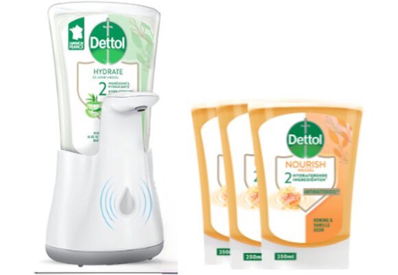 Dettol - Automatische Zeepdispenser No Touch &amp; 3x250ml Handzeep No Touch Navulling - Aloe Vera, Sheabutter en Extra Care Honey &amp; Sheabutter - Voordeelverpakking