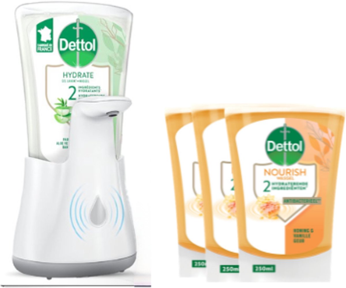 Dettol - Automatische Zeepdispenser No Touch 3x250ml Handzeep No Touch Navulling - Aloe Vera, Sheabutter en Extra Care Honey Sheabutter - Voordeelverpakking