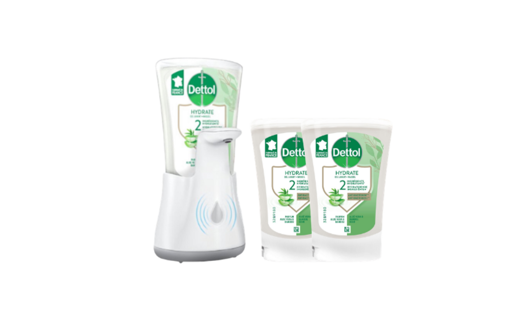 Dettol Handzeep Automatische Zeepdispenser No Touch met navulling Hydraterende Aloë Vera + Dettol Handzeep No Touch Navulling - Aloe Vera - 2x 250 ml
