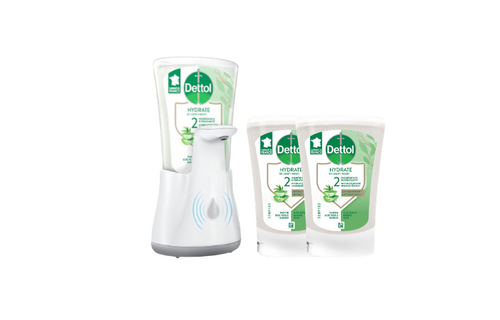 Dettol Handzeep Automatische Zeepdispenser No Touch met navulling Hydraterende Aloë Vera + Dettol Handzeep No Touch Navulling - Aloe Vera - 2x 250 ml