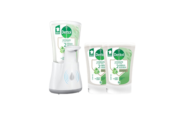 Dettol Handzeep Automatische Zeepdispenser No Touch met navulling Hydraterende Aloë Vera + Dettol Handzeep No Touch Navulling - Aloe Vera - 2x 250 ml