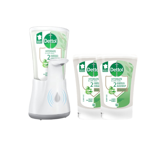 Dettol Handzeep Automatische Zeepdispenser No Touch met navulling Hydraterende Aloë Vera + Dettol Handzeep No Touch Navulling - Aloe Vera - 2x 250 ml