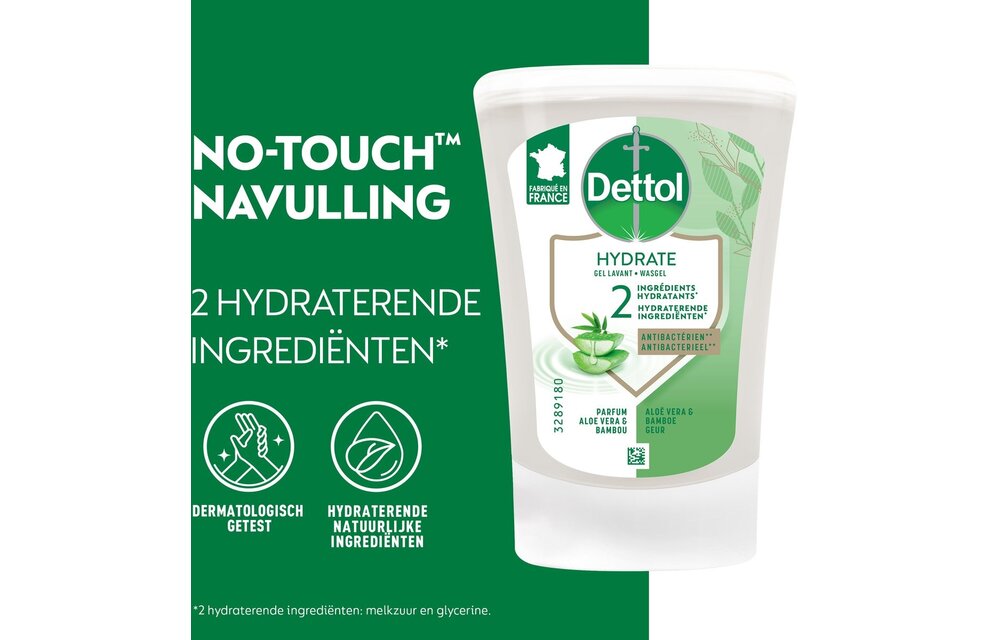 Dettol Handzeep Automatische Zeepdispenser No Touch met navulling Hydraterende Aloë Vera + Dettol Handzeep No Touch Navulling - Aloe Vera - 2x 250 ml