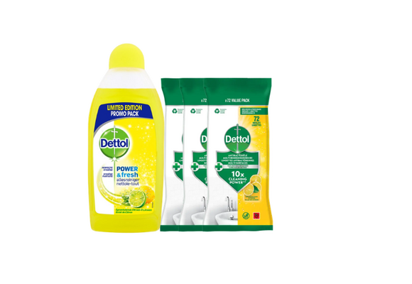 Dettol - 500ml Allesreiniger Power & Fresh - Citrus & 240 Schoonmaakdoekjes Power & Fresh - Citrus