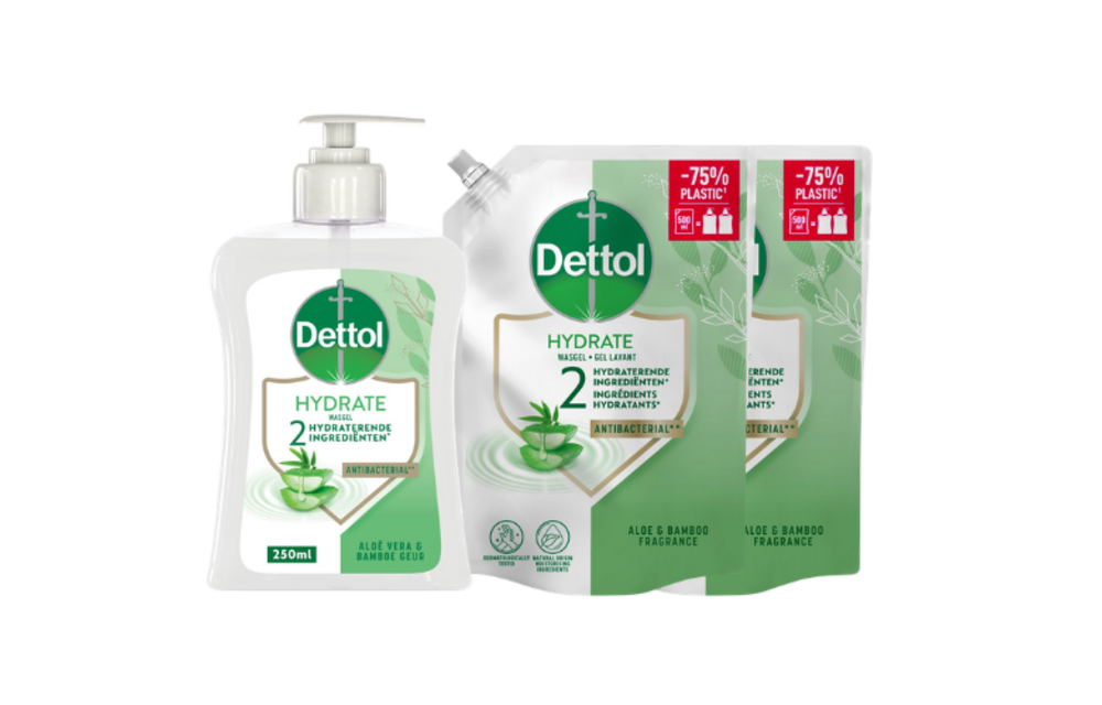 Dettol Hydrate Antibacteriële Handzeep Aloë & Bamboe – 250 ml + 2x 500 ml Navulling – 1,25 Liter