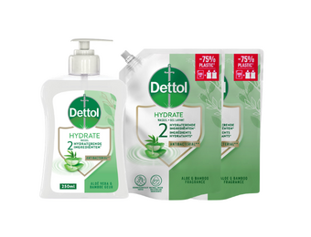 Dettol Hydrate Antibacteriële Handzeep Aloë & Bamboe – 250 ml + 2x 500 ml Navulling – 1,25 Liter