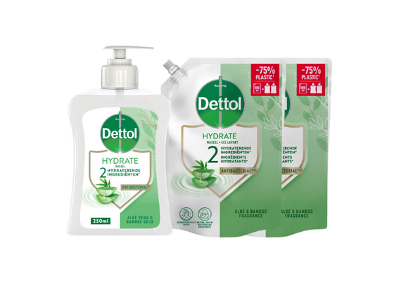 Dettol Hydrate Antibacteriële Handzeep Aloë & Bamboe – 250 ml + 2x 500 ml Navulling – 1,25 Liter