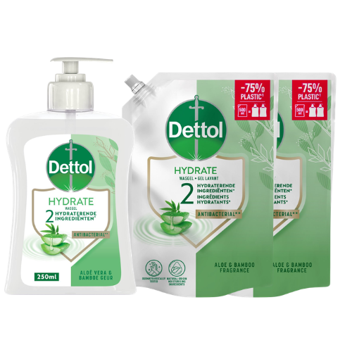 Dettol Hydrate Antibacteriële Handzeep Aloë & Bamboe – 250 ml + 2x 500 ml Navulling – 1,25 Liter