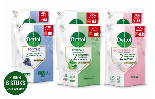 Dettol - 2x Dettol Refill Hydrating Aloe Vera 500ML - 2 x Dettol Refill Sensitive 500ML  - 2x Dettol Refill Relaxing Lavender 500ML - Voordeelpakket