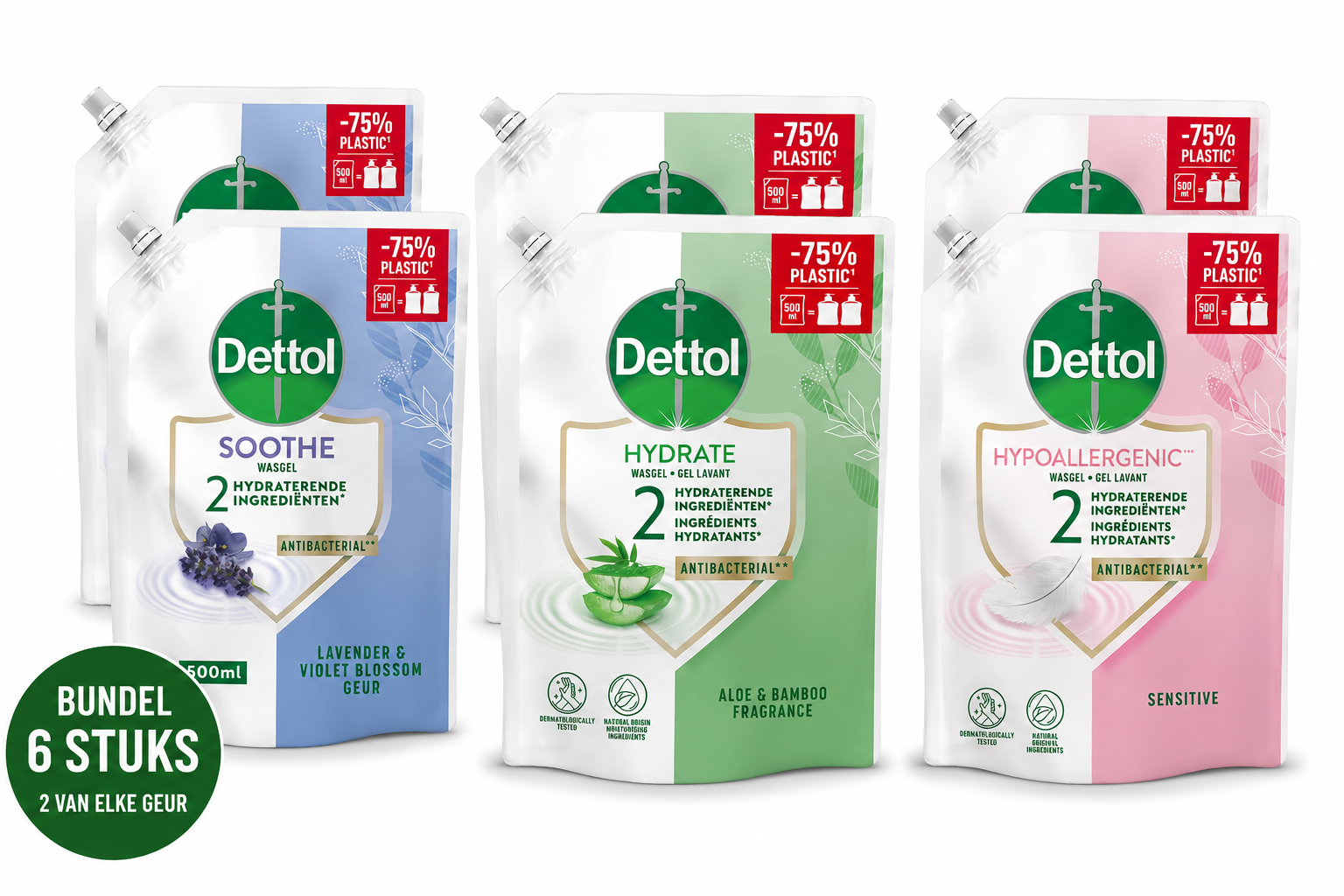 Dettol - 2x Dettol Refill Hydrating Aloe Vera 500ML - 2 x Dettol Refill Sensitive 500ML  - 2x Dettol Refill Relaxing Lavender 500ML - Voordeelpakket