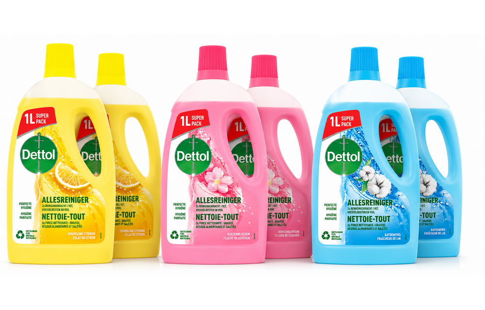 Dettol - 6L Allesreiniger Power & Fresh - Katoenfris 2x1L - Citrus 2x1L - Kersenbloesem 2x1L - Voordeelverpakking
