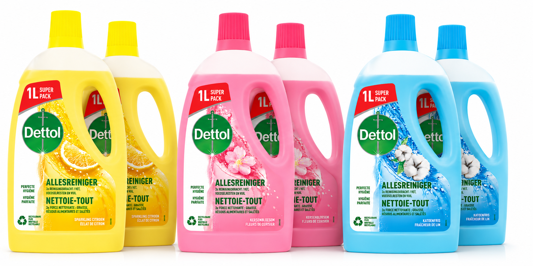 Dettol - 6L Allesreiniger Power & Fresh - Katoenfris 2x1L - Citrus 2x1L - Kersenbloesem 2x1L - Voordeelverpakking