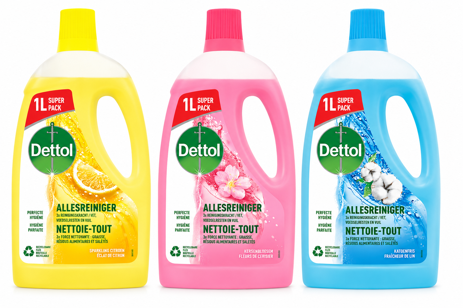 Allesreiniger Power Fresh - Katoenfris 1x1L - Citrus 1x1L - Kersenbloesem 1x1L - Voordeelverpakking 3 L