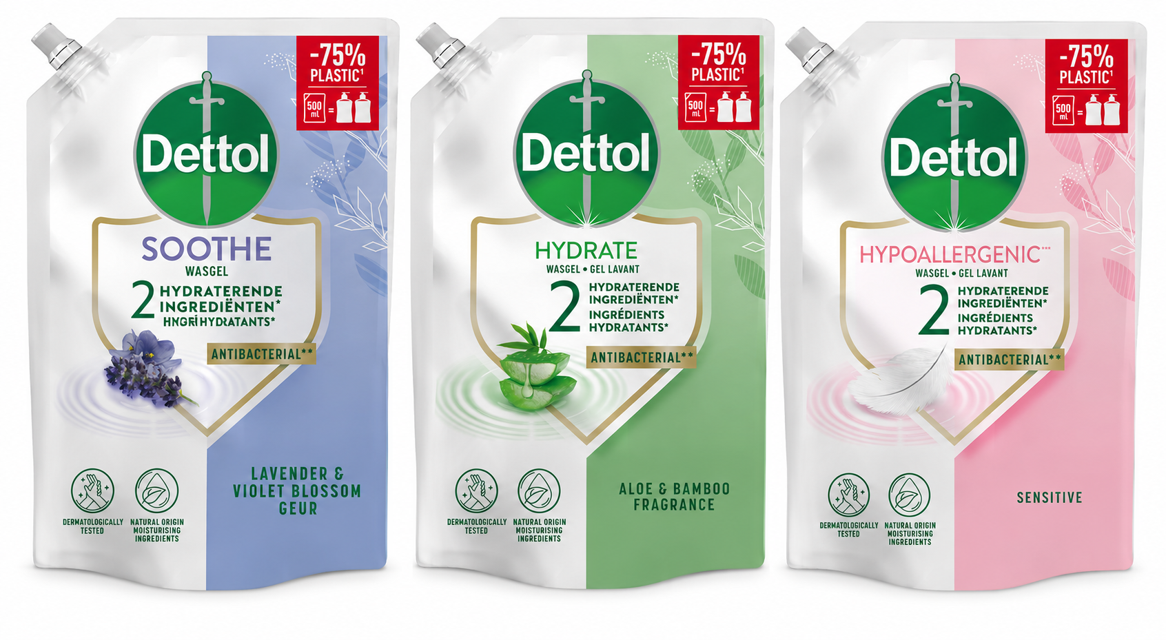 Dettol - 3x Dettol Refill Hydrating Aloe Vera 500ML - 1 x Dettol Refill Sensitive 500ML - 1x Dettol Refill Relaxing Lavender 500ML - Voordeelpakket