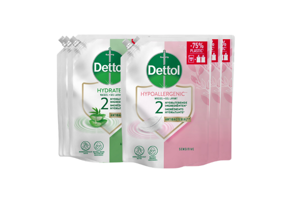Dettol - 2L Handzeep Navulling - Antibacterieel - Aloe Verä 2x500ml en Gevoelige huid 2x500ml - Voordeelverpakking