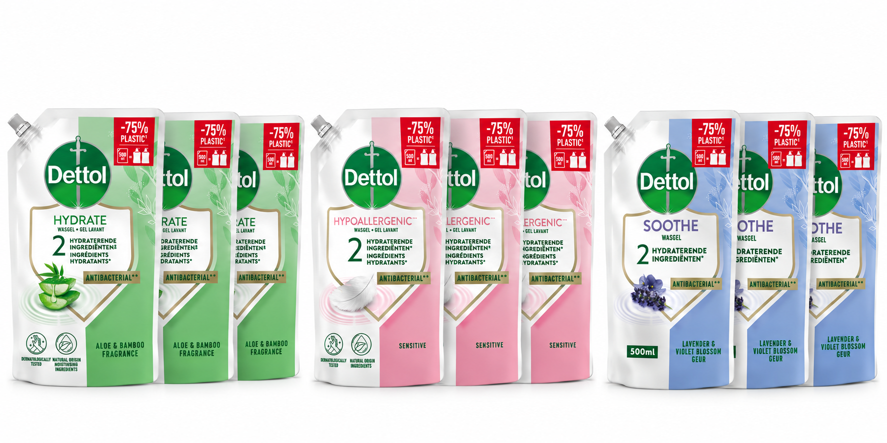 Dettol - 6x Dettol Refill Hydrating Aloe Vera 500ML - 3 x Dettol Refill Sensitive 500ML - 3x Dettol Refill Relaxing Lavender 500ML