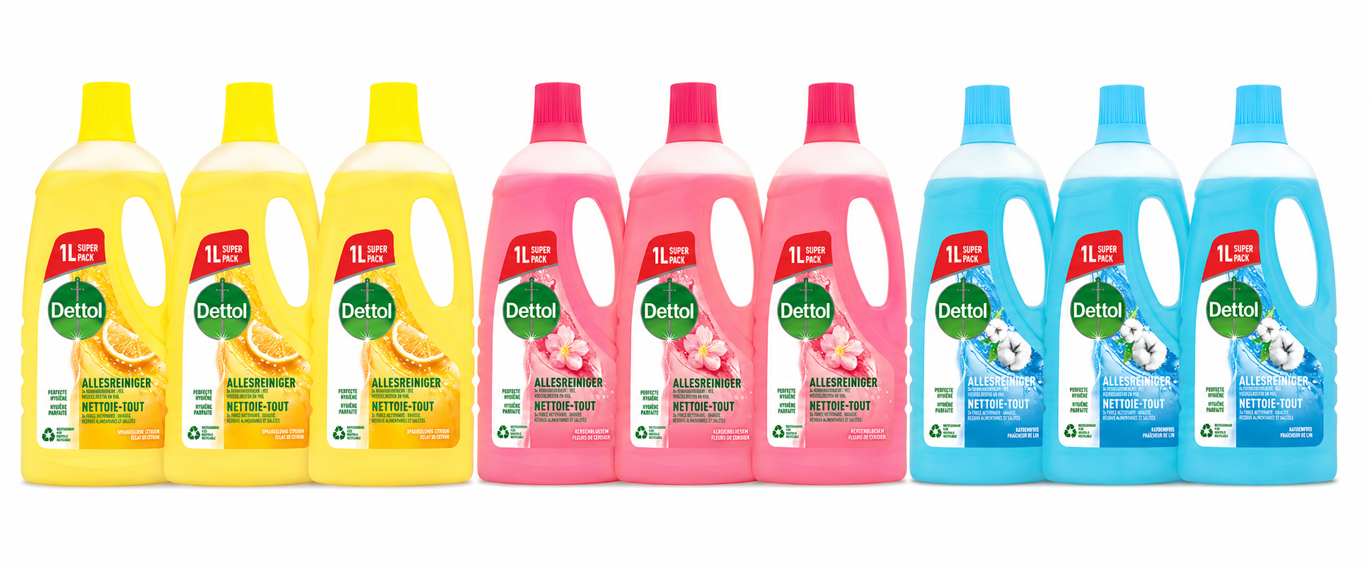 Dettol - 9L Allesreiniger Power & Fresh - Katoenfris 3x1L - Citrus 3x1L - Kersenbloesem 3x1L - Voordeelverpakking