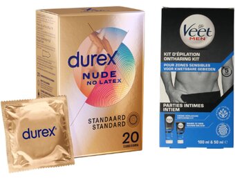 Durex Nude No Latex 20 Condooms + Veet Men Intieme Ontharingskit 150 ml – Latexvrije Condooms & Ontharing – 2-delige Set