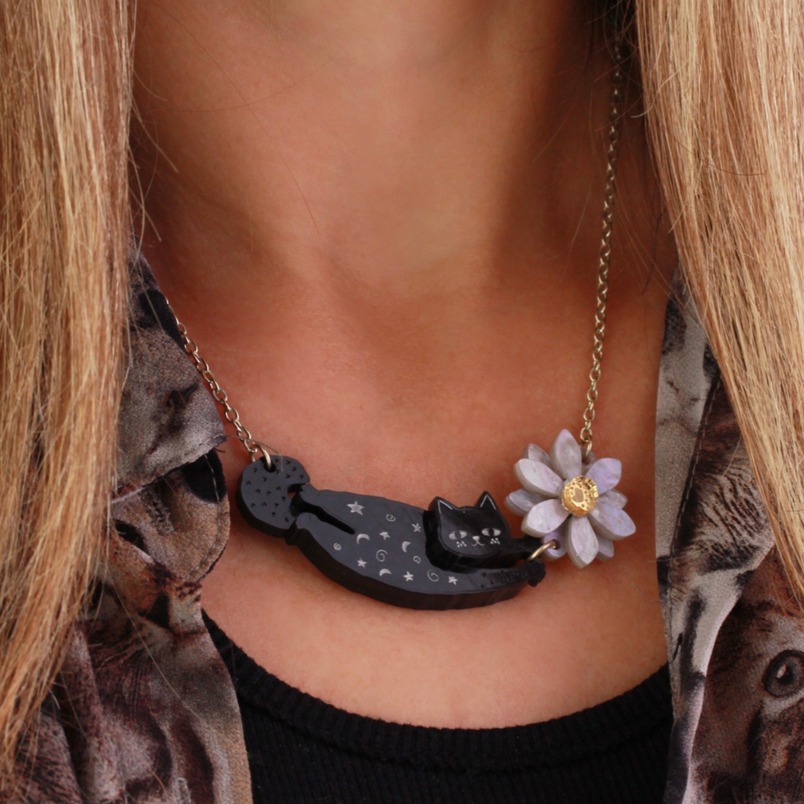 Doodle Cat Black Necklace