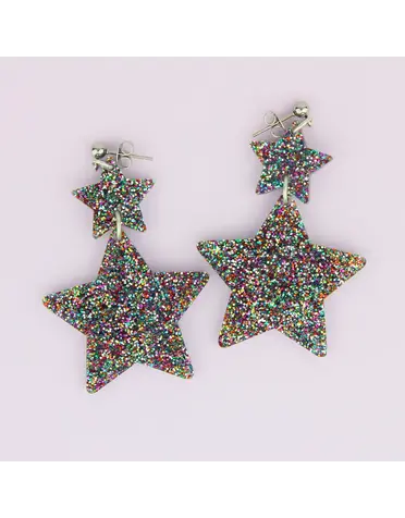 Double Star Earrings Rainbow Glitter
