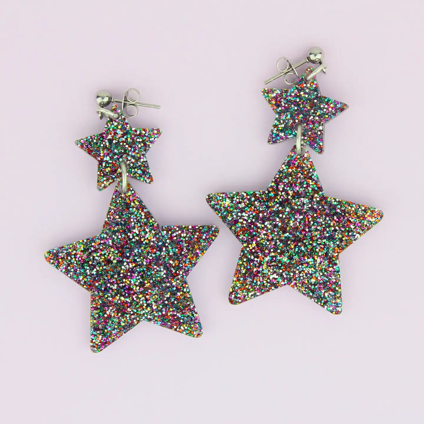 Double Star Earrings Rainbow Glitter