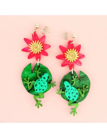 Waterlily & Frog Earrings Pink