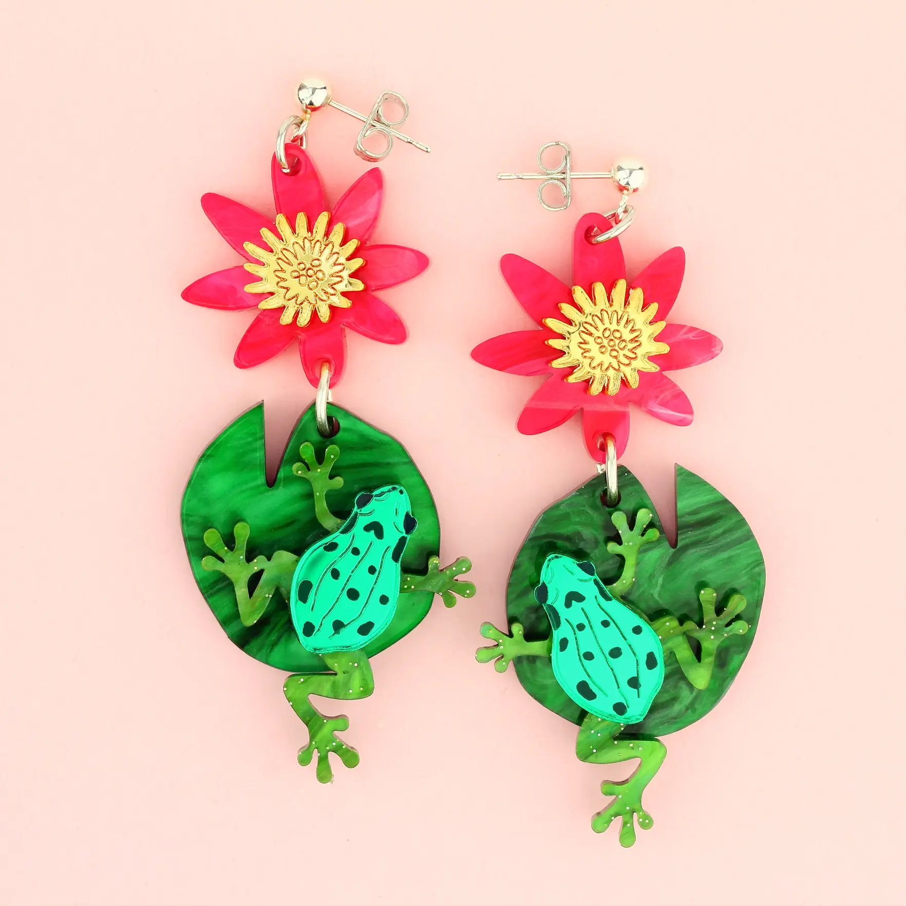 Waterlily & Frog Earrings Pink