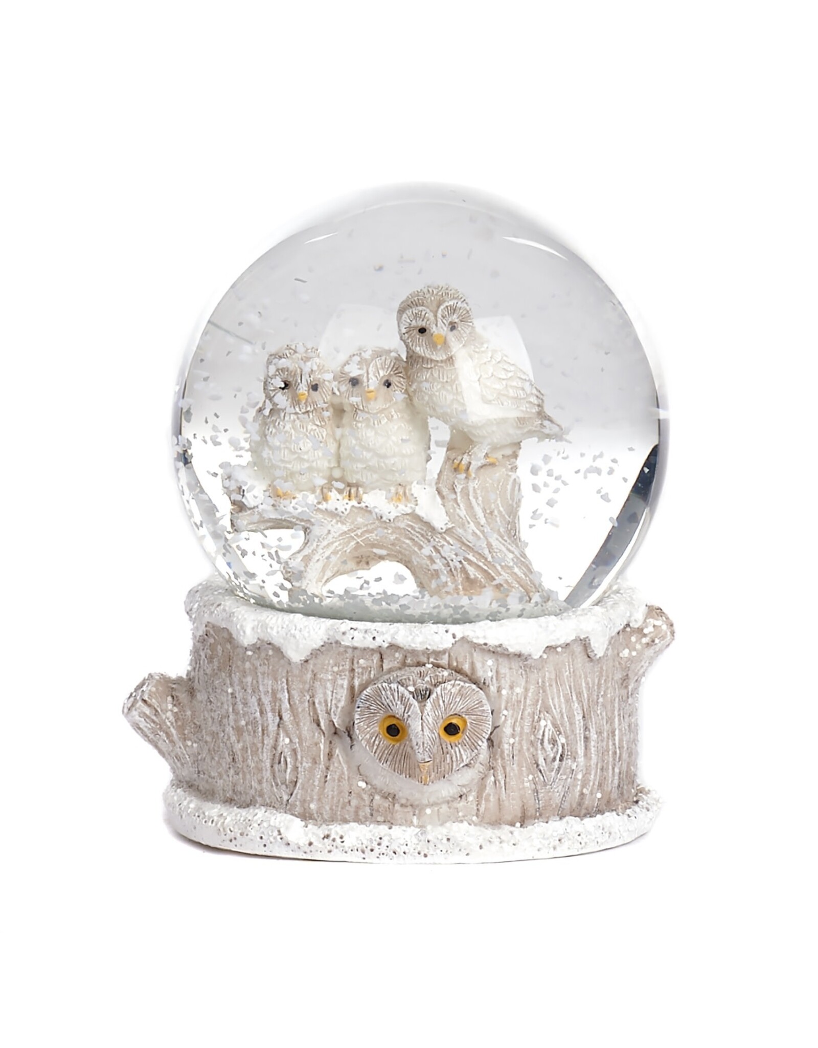 Goodwill Glss Owls On Trunk Snow Globe Wh/Crm 8,5cm