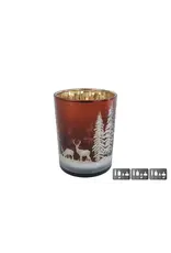 Theelichthhouder Hert/Dennenboom M bruin glas 10x10x12,5cm