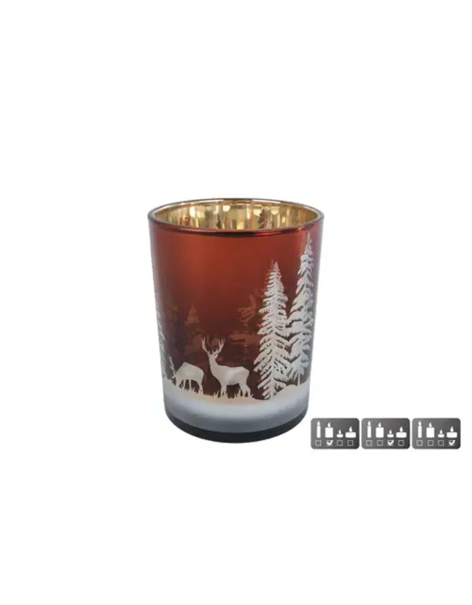 Theelichthhouder Hert/Dennenboom M bruin glas 10x10x12,5cm