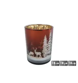 Theelichthhouder Hert/Dennenboom M bruin glas 10x10x12,5cm
