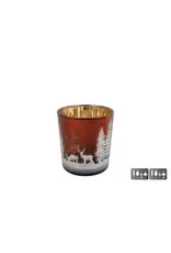 Theelichthouder Hert/Dennenboom S bruin glas 7,5x7,5x8cm