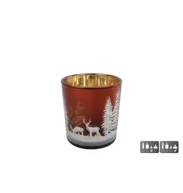 Theelichthouder Hert/Dennenboom S bruin glas 7,5x7,5x8cm