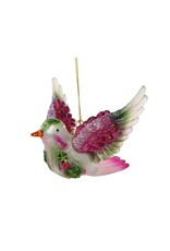 Decoris glazen kerst ornament - vogel 12cm groen, roze 1 stuks