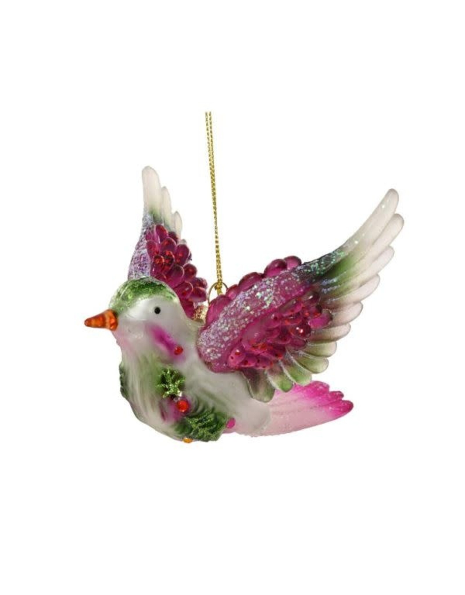 Decoris glazen kerst ornament - vogel 12cm groen, roze 1 stuks