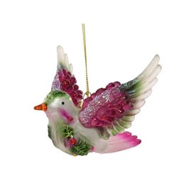 Decoris glazen kerst ornament - vogel 12cm groen, roze 1 stuks
