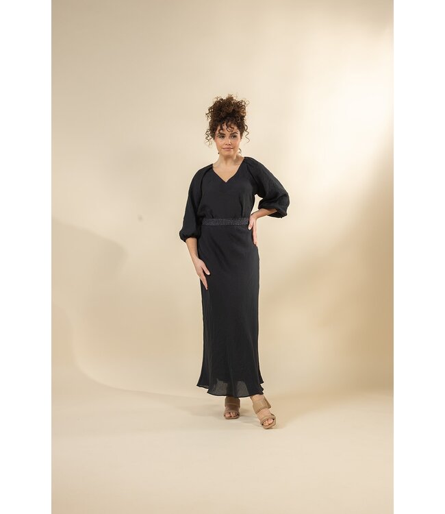 215-Emy/Zwart  Midirok met elastische tailleband