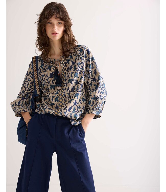 2s3120-12212/000480-Navynoir  3/4 sleeve top Block Print