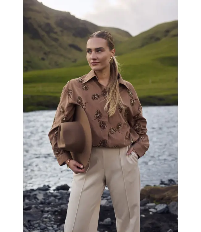 NKF02078/Camel  Iris Blouse Embroidery