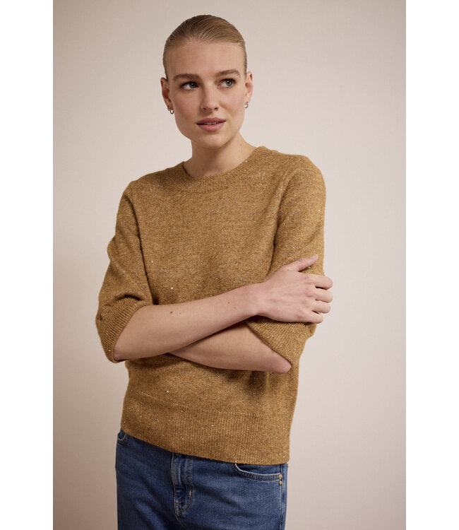 O02-17-601/002801-CamelMelange  Short-Sleeve Sequin Jumper