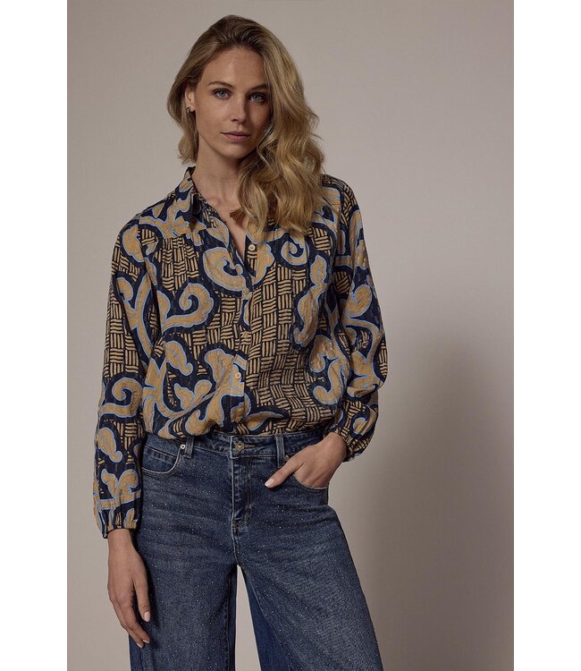 C15-18-301/009995-PrintBlues  Blouse Modern Rococo Tie Detail