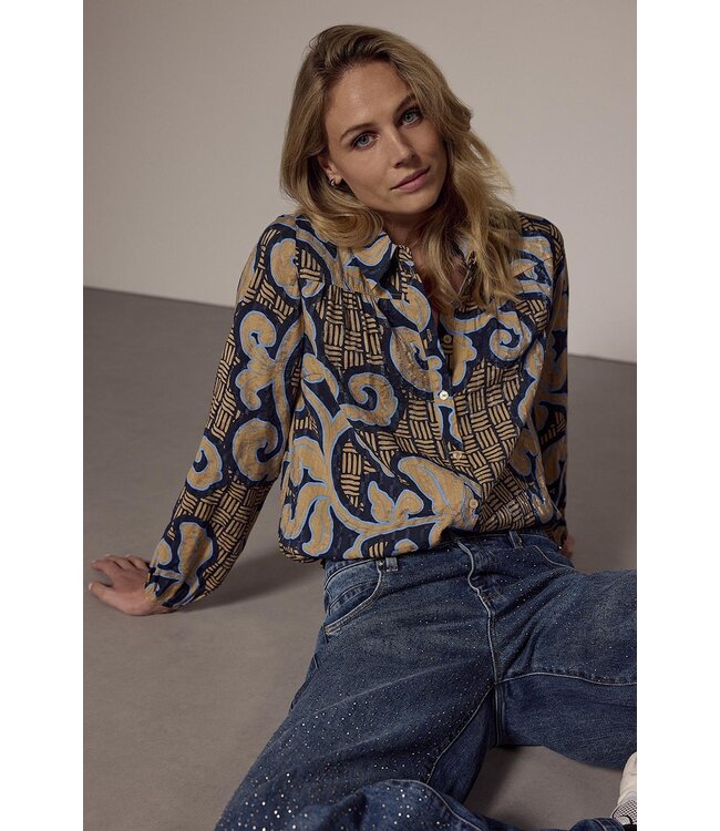 C15-18-301/009995-PrintBlues  Blouse Modern Rococo Tie Detail