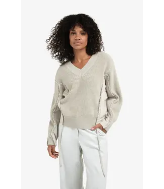YAYA 01-000509-510/99031  V-neck sweater with woven insert details and tie accents