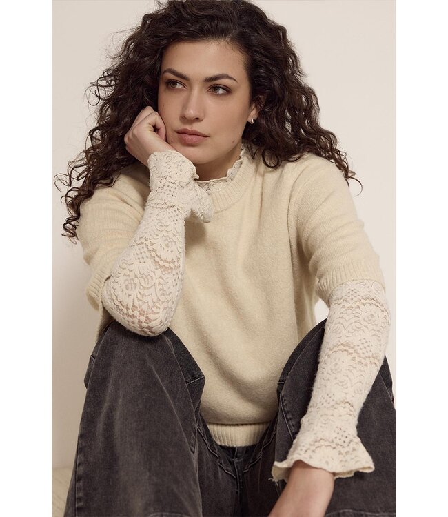 C56-18-401/006800-Stone  Flared-Sleeve Brushed Lace Top