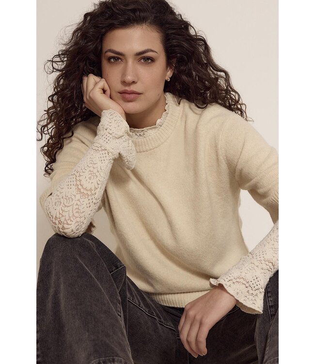 C56-18-401/006800-Stone  Flared-Sleeve Brushed Lace Top