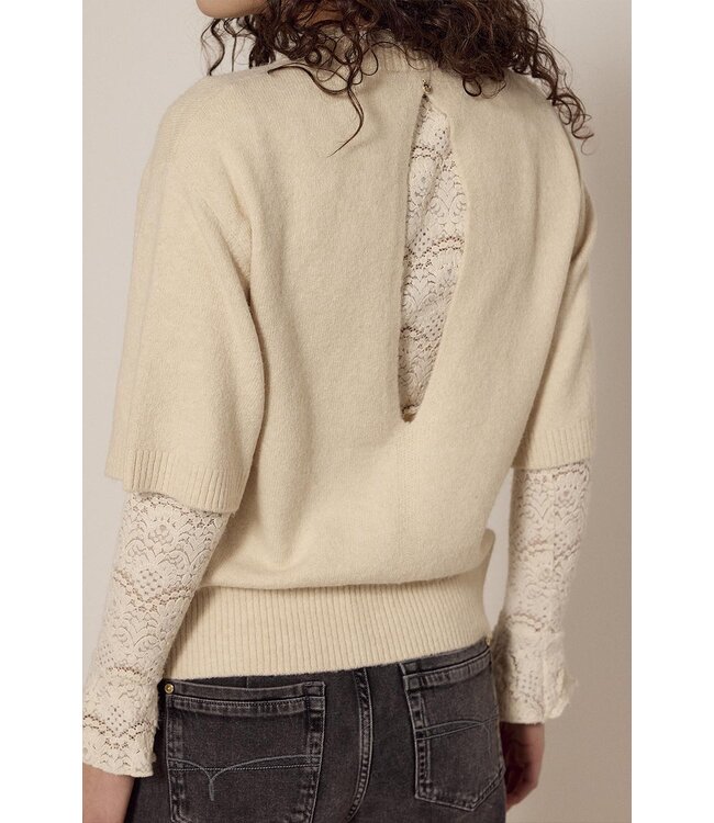 C56-18-401/006800-Stone  Flared-Sleeve Brushed Lace Top